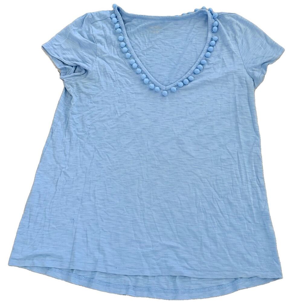 Lilly Pulitzer Light Blue Etta Pom Pom V-Neck Top Shirt Womens S Pima Peru
